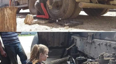 (VIDEO) Nu ai mai văzut așa ceva! O șoferiță de camion schimbă presgarnitura unui KAMAZ - Photo
