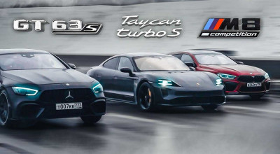 Vezi cum se descurcă Porsche Taycan Turbo S în compania lui Mercedes-AMG GT63 4-Door și BMW M8 Competition (VIDEO) - Photo