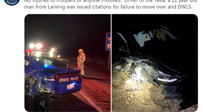 Drept în brațele poliției! O Tesla pe Autopilot, șoferul căreia avea permisul suspendat, a accidentat mașina oamenilor legii! - Photo