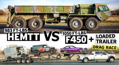 Drag Racing inedit: Camionul Oshkosh HEMTT cu opt roți vs un Ford F-450 care tractează trei mașini! - Photo