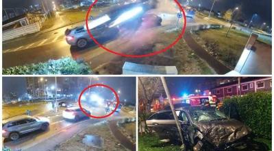 Scene ca într-un film la Oradea. O mașină, a zburat la propriu, peste un sens giratoriu și a aterizat într-o benzinărie - Photo